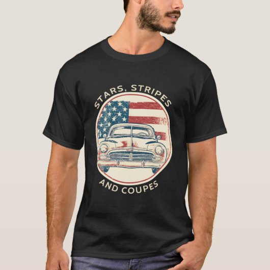 クラシック車の愛国的なアメリカ国旗のヴィンテージ Tシャツ (正面)
