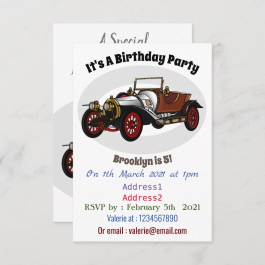 クラシック車1920漫画イラストレーション 招待状 (正面/裏面)