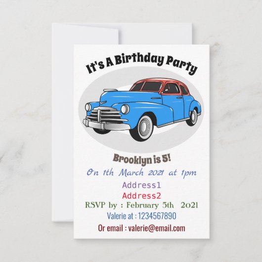 クラシック車1948漫画イラストレーション 招待状 (正面)