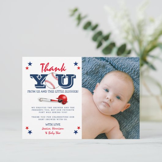 クラシック野球少年の赤ちゃんシャワー写真 サンキューカード (スタンド正面)