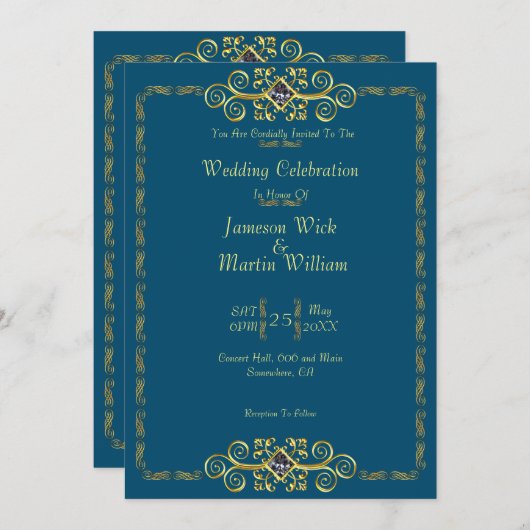 クラシック金ゴールドとダイ結婚ヤモンド 招待状 (正面/裏面)