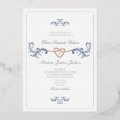 クラシック金ゴールドとダスティー結婚ブルー 箔招待状 (正面)