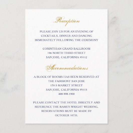 クラシック金ゴールドとネイビー結婚のエンクロージャカード エンクロージャーカード (正面)