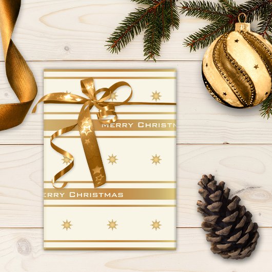 クラシック金ゴールドの星とストライプのクリスマス ラッピングペーパー