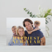クラシック金ゴールドはっきりしたタイポグラフィで最も幸せな新年 箔シーズンカード (立ち正面)