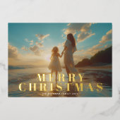 クラシック金ゴールドはっきりしたタイポグラフィ写真メリークリスマス 箔シーズンカード (正面)