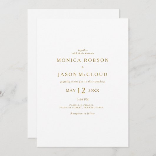 クラシック金ゴールドをミニマルに詰め結婚る 招待状 (正面/裏面)