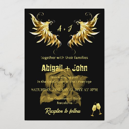 クラシック金ゴールドウィングバラミニマ結婚リスト 箔招待状 (正面)