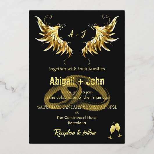 クラシック金ゴールドウィングリングや輪ミニマ結婚リスト 箔招待状 (正面)