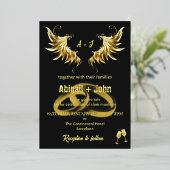 クラシック金ゴールドウィングリングや輪ミニマ結婚リスト 箔招待状 (立ち正面)