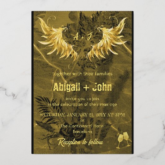 クラシック金ゴールドウイング乾燥リーフ結婚ミニマリスト 箔招待状 (正面)