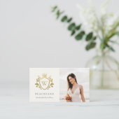 クラシック金ゴールドエレガントモノグラムフローラフォトクレスト 名刺 (スタンド正面)