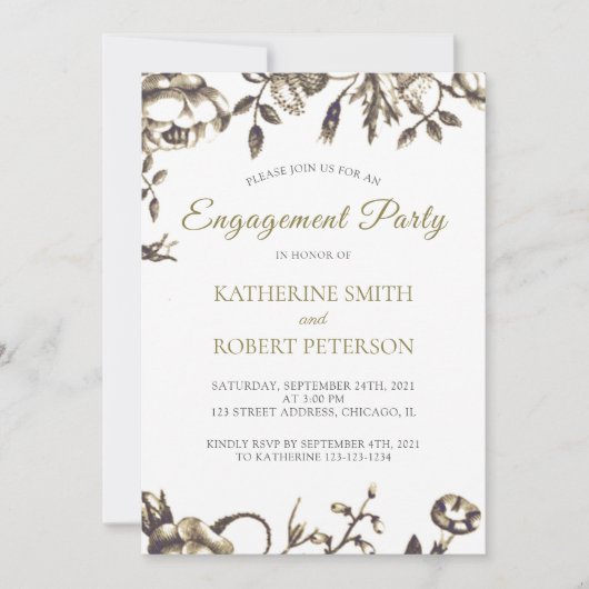 クラシック金ゴールドエレガントヴィンテージフラワーズ婚約 招待状 (正面)