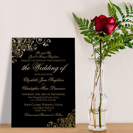 クラシック金ゴールドオンブラックフォーマル結婚ズ 箔招待状