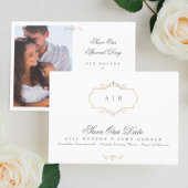 クラシック金ゴールドクレストモノグラム写真の保存日付 案内状