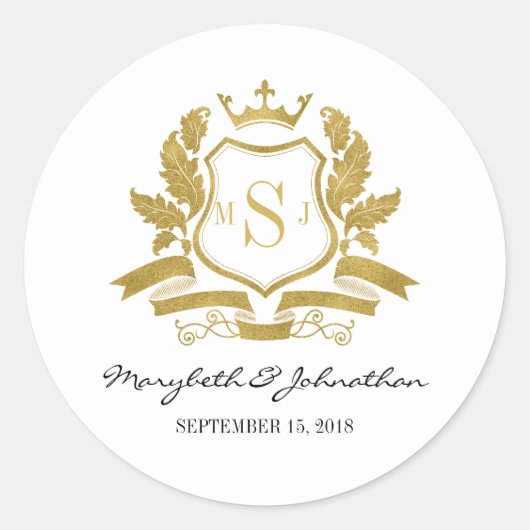 クラシック金ゴールドクレスト結婚ステッカー ラウンドシール (正面)