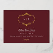 クラシック金ゴールドクレストburgundy navy日付を保存 箔招待状 (正面)