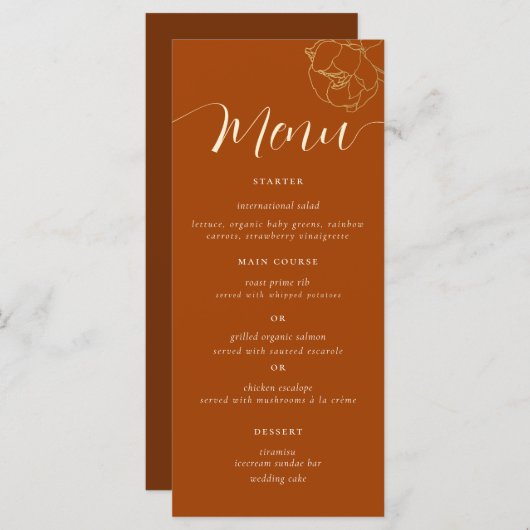クラシック金ゴールドシンプルピーニーラストブラウン秋の結婚式 メニュー (正面/裏面)