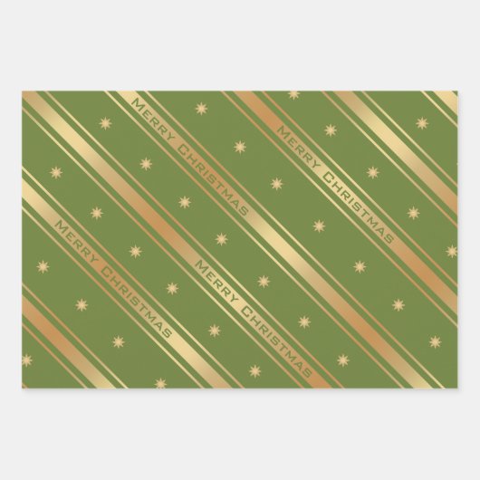 クラシック金ゴールドスターとストライプのクリスマス ラッピングペーパーシート (正面3)