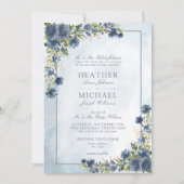 クラシック金ゴールドダスティブルーフローラ水色スクリプト 招待状 (正面)