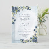 クラシック金ゴールドダスティブルーフローラ水色スクリプト 招待状 (スタンド正面)