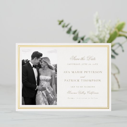 クラシック金ゴールドダブルフレーム結婚写真の日救付 箔招待状 (立ち正面)