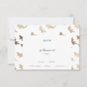 クラシック金ゴールドネイビーブルーモノグラム結婚クレスト 出欠カード (正面)