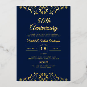 クラシック金ゴールドネイビー結婚スワール50周年 箔招待状