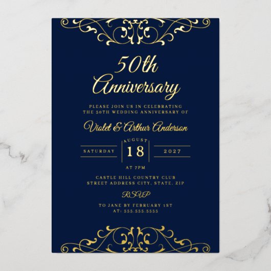 クラシック金ゴールドネイビー結婚スワール50周年 箔招待状 (正面)