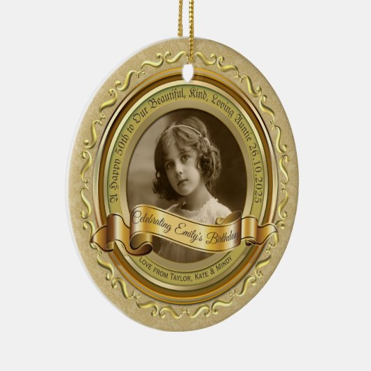クラシック金ゴールドフォトフレームエレガントバナーイエロー セラミックオーナメント (右)