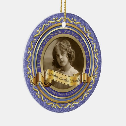 クラシック金ゴールドフォトフレームエレガントバナーラベンダー セラミックオーナメント (右)