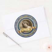 クラシック金ゴールドフォトフレームエレガントバナー濃い青 ラウンドシール (封筒)
