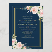 クラシック金ゴールドフレームピンク赤面フローラネイビー結婚ズ 招待状 (正面/裏面)