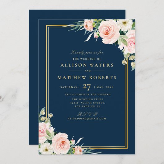 クラシック金ゴールドフレームピンク赤面フローラネイビー結婚ズ 招待状 (正面/裏面)