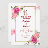 クラシック金ゴールドフレームピンク赤面結婚フローラ 招待状 (正面/裏面)