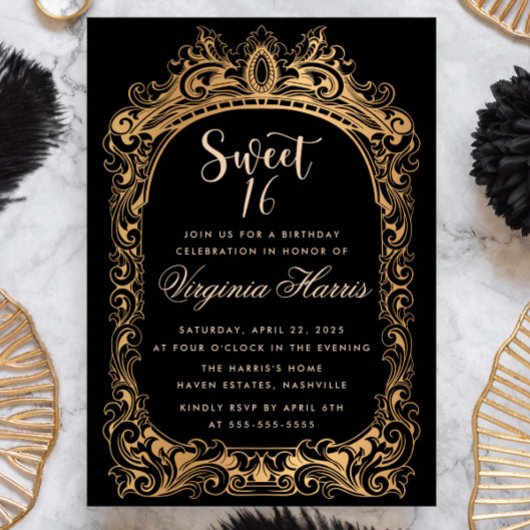 クラシック金ゴールドフレームブラックSweet sixteen16誕生日 招待状