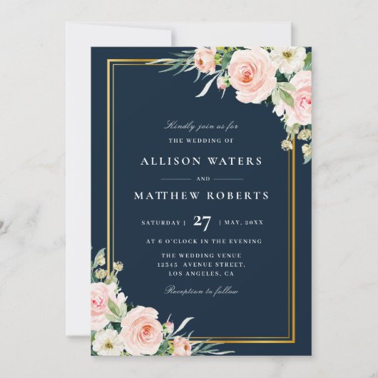 クラシック金ゴールドフレームnavyおよび赤面結婚フローラ 招待状 (正面)