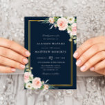 クラシック金ゴールドフレームnavyおよび赤面結婚フローラ 招待状<br><div class="desc">このデザインは、ピンク人気があるの赤面テーマと上品な金ゴールドフレームとネイビーブルーの背景を組み合わせる。白い色彩の鮮やか文字とピンクの背中に手の花がよく混ざり合う。選択した紙を選択し、このカスタマイズテンプレートの他の機能(文字、文言、色など)も選択できる。</div>