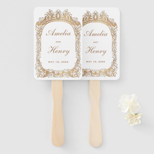 クラシック金ゴールドフレ縁どーム結婚白 ハンドファン (正面&裏面)