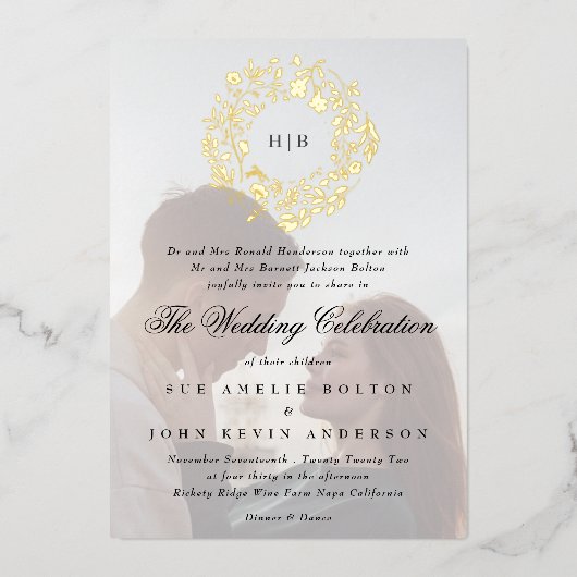 クラシック金ゴールドフローラリース結婚写真 箔招待状 (正面)