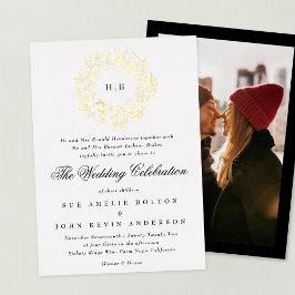 クラシック金ゴールドフローラリース結婚写真 箔招待状