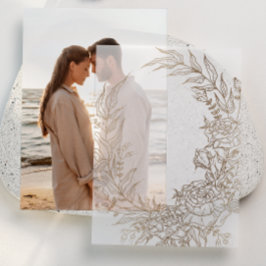 クラシック金ゴールドフローラ結婚リースオーバーレイ ベラム紙招待状