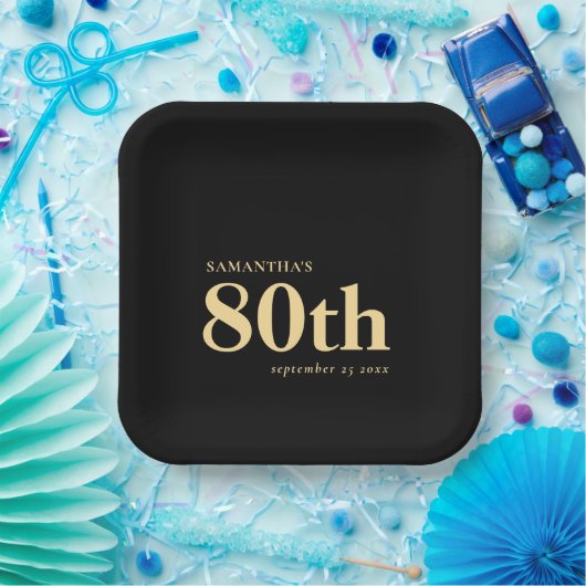 クラシック金ゴールドブカスタムラック文字80th名前日付 ペーパープレート (パーティー)
