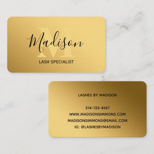 クラシック金ゴールドブラシ仕上げ金属モノグラムスタイリッシュスクリプト 名刺 (正面/裏面)