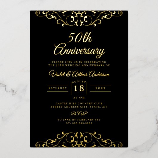 クラシック金ゴールドブラックスワール50結婚周年 箔招待状 (正面)