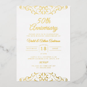 クラシック金ゴールドホワイトスワール50周年結婚記念 箔招待状