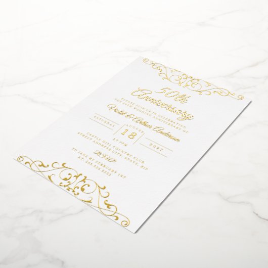 クラシック金ゴールドホワイトスワール50周年結婚記念 箔招待状 (回転した状態)