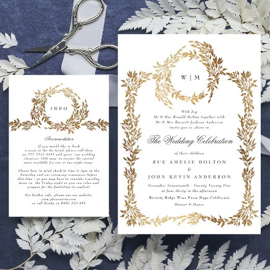 クラシック金ゴールドモノグラム植物株結婚式 エンクロージャーカード