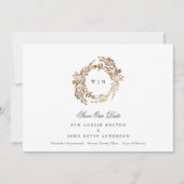 クラシック金ゴールドモノグラム植物株結婚式 セーブザデート (正面)