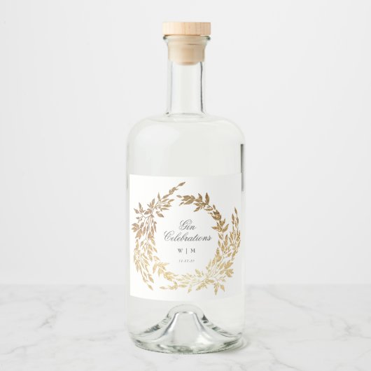 クラシック金ゴールドモノグラム植物株結婚式 リキュールボトルラベル (正面)